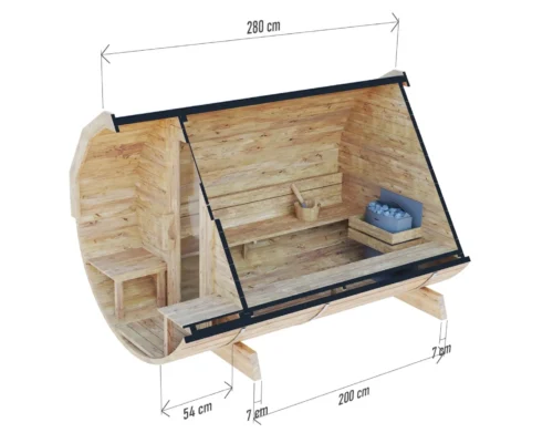 Sudová sauna 280cm s terasou technický nákres s pohľadom z hora