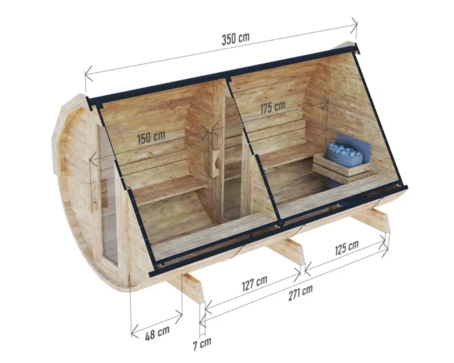 Sudová sauna 3.5m s vnútornou predsieňou a jej technické špecifikácie odfotené z pohľadu z hora